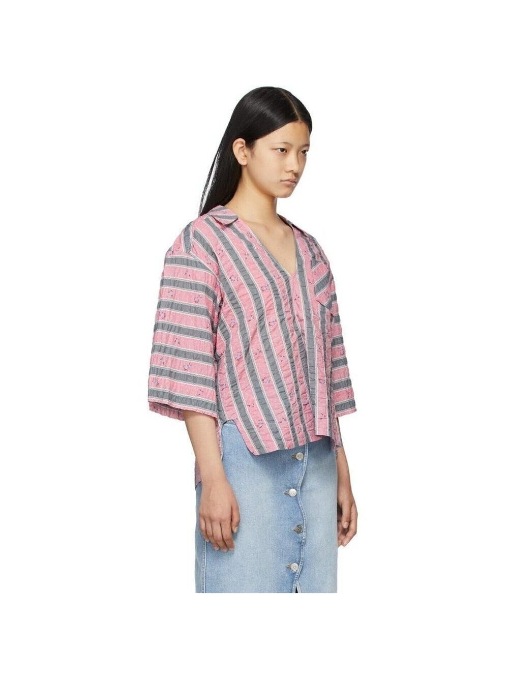 GANNI XXS/XS Womens "Pink Gray Oversized V-Neck Shirt Organic Cotton
